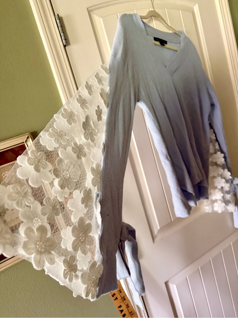 French Connection Light Blue Caballo Lace Knit Top   Dramatic Bell Sleeves